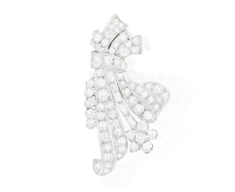 A DIAMOND BROOCH, CIRCA 1960The stylised spray of scroll and foliate design, set throughout with brilliant, single and baguet