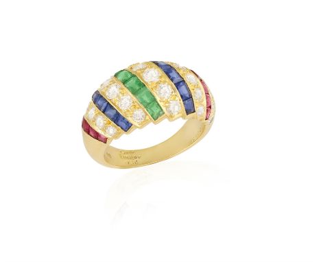 A GEM-SET AND DIAMOND RING, BY CARTIER, CIRCA 1980Of bombé design, the frontispiece set with calibré-cut rubies, sapphires an