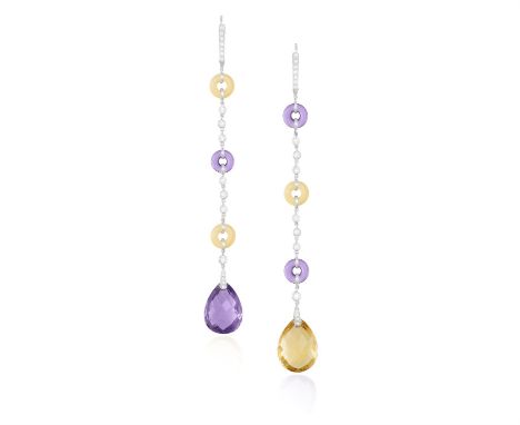 A PAIR OF GEM-SET PENDENT EARRINGS, BY MICHELE DELLA VALLEOf alternate design, the surmounts each set with a graduated row of