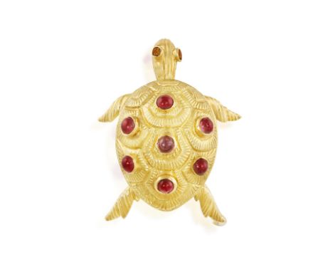 A GEM-SET NOVELY BROOCH, CIRCA 1970Realistically modelled as a turtle with articulated head, the shell set with circular pink