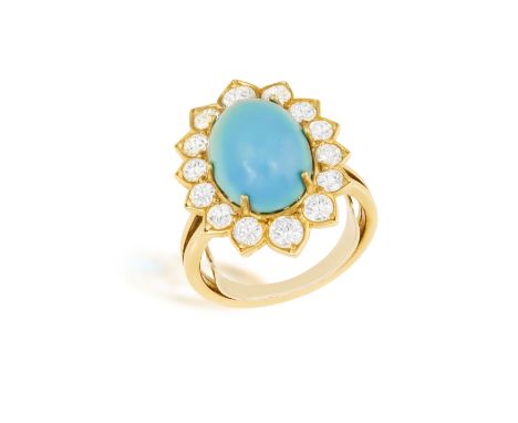 A TURQUOISE AND DIAMOND CLUSTER RING, CIRCA 1970The central oval-shaped turquoise cabochon within a surround of brilliant-cut