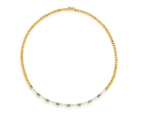 AN EMERALD AND DIAMOND NECKLACEThe frontispiece set with oval-shaped emeralds interspersed with series of brilliant-cut diamo