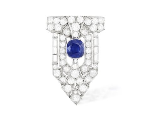 AN ART DECO SAPPHIRE AND DIAMOND CLIP, CIRCA 1930Set with a cushion-shaped sapphire within collet-setting, in a pierced surro