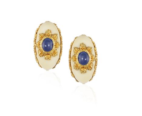 A PAIR OF MID-20TH CENTURY SAPPHIRE EARCLIPS, BY MARIO BUCCELLATIThe tapering bombé plaques each with an applied sapphire cab