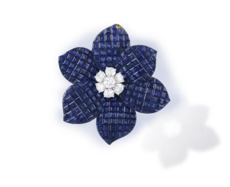 A RARE & COLLECTIBLE MYSTERY-SET SAPPHIRE AND DIAMOND FLOWER BROOCH, BY VAN CLEEF & ARPELS The realistically modelled flowerh