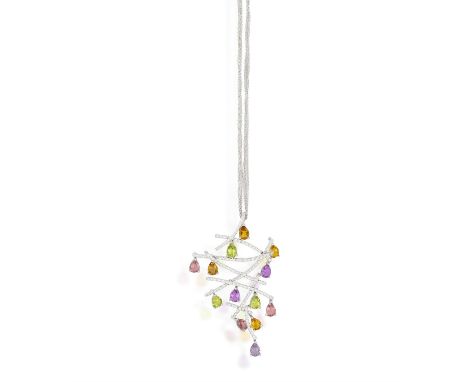 A GEM-SET AND DIAMOND PENDANT ON CHAINOf openwork design set with multiple pear-shaped peridot, citrine, pink tourmaline and 