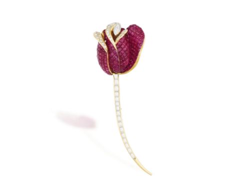 A RUBY AND DIAMOND FLOWER BROOCHThe realistically modelled rose with mystery-set calibré-cut ruby petals, with brilliant-cut 