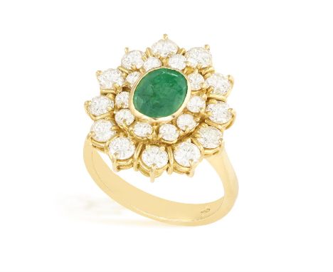 AN EMERALD AND DIAMOND CLUSTER RINGThe collet-set oval-shaped emerald within a double brilliant-cut diamond frame, mounted in