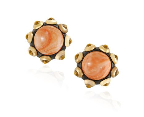 A PAIR OF GEM-SET CORAL AND WOOD EARCLIPS, BY FREDERIC BEZIAT FOR L'ORÉE DU BOIS, CIRCA 1990Each set with a circular coral ca