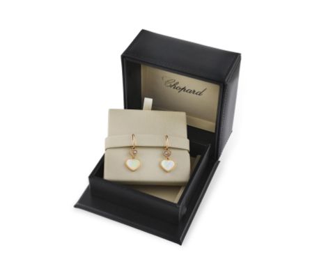 A PAIR OF DIAMOND AND MOTHER-OF-PEARL 'HAPPY HEARTS' EARRINGS, BY CHOPARDEach of heart design, with a central glazed compartm