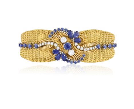 A SAPPHIRE, DIAMOND AND GOLD BRACELET, CIRCA 1960The tapering woven ropetwist bracelet with a row of graduating circular-cut 