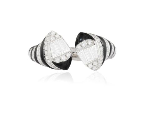 AN ONYX AND DIAMOND DRESS RINGThe onyx stripes alternating with rows of brilliant-cut diamonds, each side terminating in a si