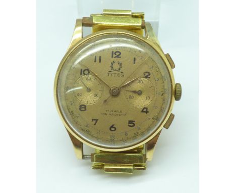 An 18ct gold Titus twin dial chronograph wristwatch