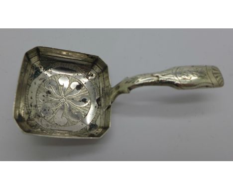 A silver caddy spoon, Birmingham 1823, a/f