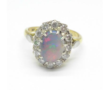 An 18ct gold, opal and diamond ring, 4.7g, N