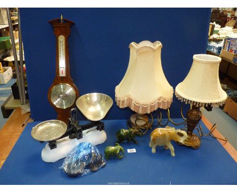 A quantity of miscellanea to include: Avery scales and weights, an onyx lamp, verdite stone elephant, barometer, etc.