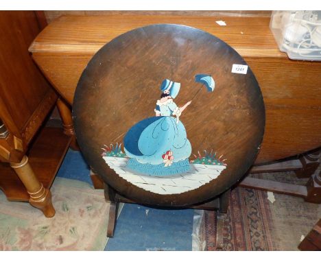 An Oak based metamorphic firescreen/table, the circular top with a depiction of a girl in crinoline dress with a bonnet and p