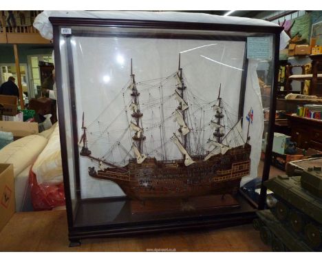 A large scale model of "Sovereign of the Seas" Navy ship in shaped perspex case, 39 1/2" wide x 39 3/4" deep. 