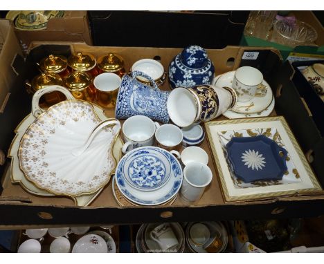Five Royal Worcester gilt chocolate Cups and lids, a Tiffany coffee cup and saucer, Goebel coffee can and saucer, a Royal Cro