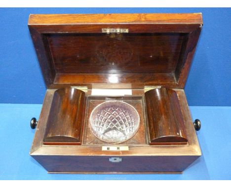 A Victorian Rosewood sarcophagus Tea Caddy with two domed hinged lidded caddies, with mother of pearl escutcheon, mixing bowl