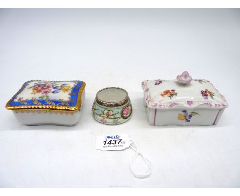 A hand painted Dresden porcelain box and lid, 4" tall plus another also painted with flowers and a Noritake painted jar with 