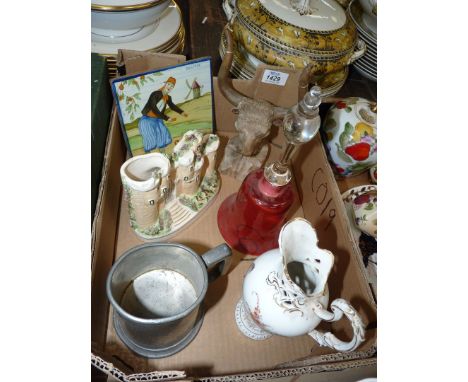 A small quantity of china including; painted tile, hand-painted jug and flatback, together with a hand beaten pewter tankard,