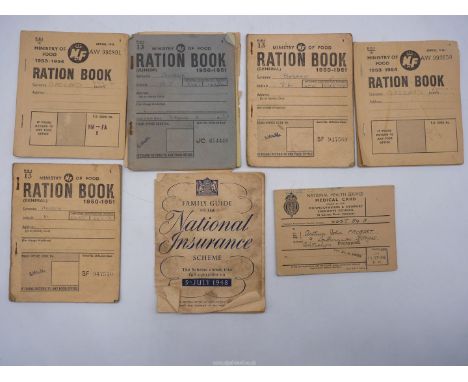 Five early 1950's Ration books, a National Insurance Scheme Booklet (5 July 1948) and an N.H.S. medical Card - 13 Sep 1948. a