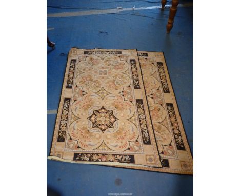 A pair of Woolwork Tapestry/Needlework floral pattern Rugs, in beige and black, both 57" x 35".  