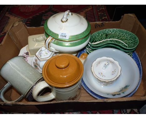 A quantity of china to include: Lurpak butter dish, Crown trinket pots, cabbage leaf side plates, Minton Lawley's Regent St. 