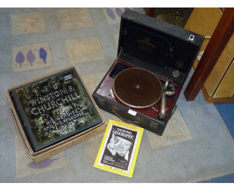 Two boxed Decca records of  'Winston Churchill Memoirs and Speeches' along with an Academy Senior record player.