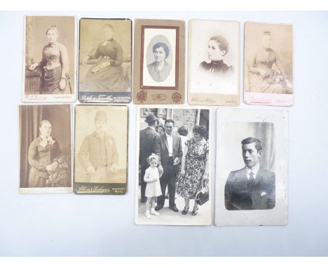 Seven antique professionally produced Sepia photograph cards, six of ladies and one of a gent all in early dress, 4 1/8" x 2 
