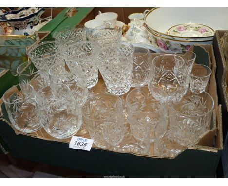 A quantity of cut glass to include: a set of five whiskey tumblers with four matching port glasses, a set of five wine glasse