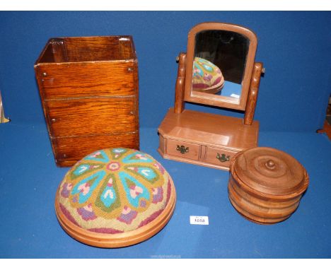 A 20th century circular tapestry top footstool, 10" diameter, small two drawer swing vanity mirror, 13" tall and a handmade v