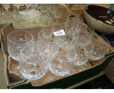 A set of nine cut glass wine glasses, two Royal Doulton whiskey tumblers, etc.