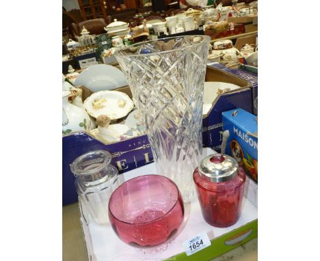 A cranberry glass jar with a silver top, London, 1919, a cranberry glass bowl, an E.P.N.S. pickle fork and a cut glass vase, 