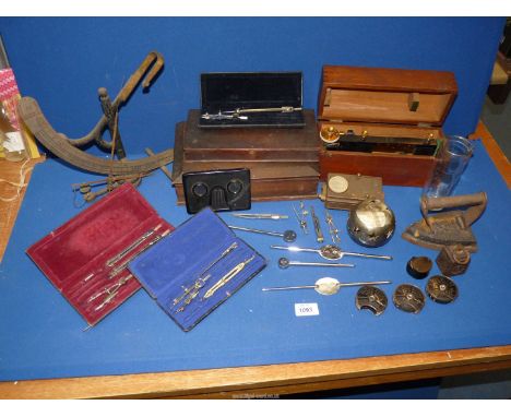 A quantity of mathematical/scientific instruments to include Goodbrand & Co. yarn balance (a/f.), cased part drawing sets, ca
