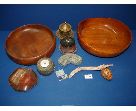 Two treen fruit bowls, polished stone egg on a serpentine (lizard rock) plinth, serpentine (lizard rock) thermometer, painted