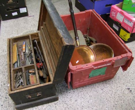 Vintage tool chest and contents plus a plastic crate containing mixed tools/metalware.