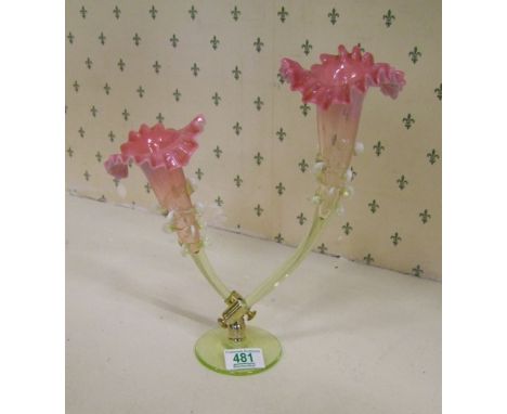 Cranberry Vaseline glass two branch epergne on stand