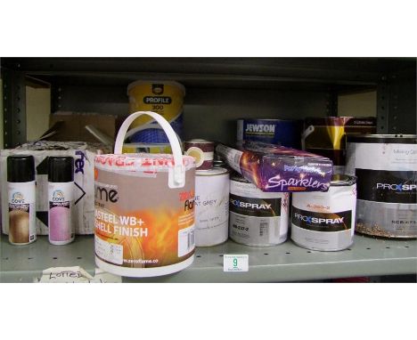 A mixed collection of paints to include COVE branded bronze and pint spray paints, Jewson floor paint, Profile 300 rapid cut 