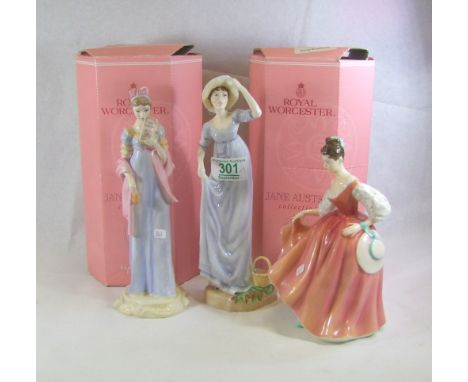 Royal Worcester lady figures Anne Elliot and Emma Woodhouse from the Jane Austen series together with Royal Doulton figure Fa
