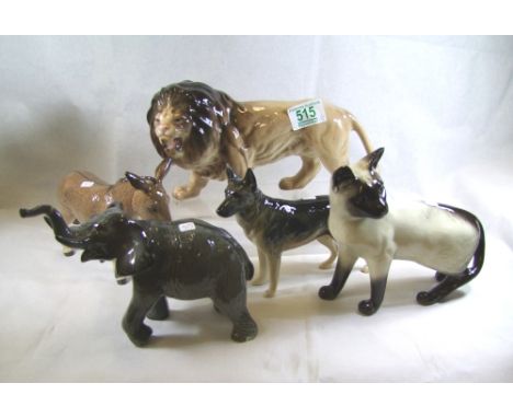 Beswick small elephant (trunk re stuck), Beswick Alsation dog (ear chipped), Beswick Donkey, Melba ware lion and Siamese Cat 