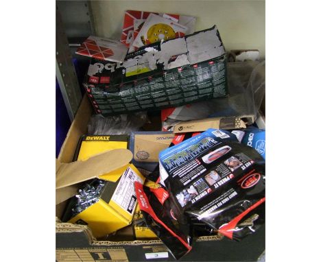 A mixed collection of tools to include, Metabo Marathon Angle Grinder and blades, JSP mask respirator filter cartridges, DeWa