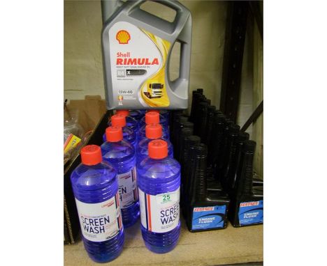 A mixed collection of Unipart screen wash,  Forton Engine flush, Shell diesel engine oil 15w-40 etc 