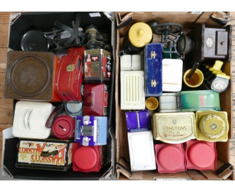 A mixed collection of items to include Marmite advertising items, vintage tins, scales etc