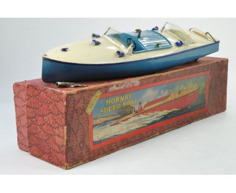 Hornby Racer 3 Clockwork Speedboat in cream and light/dark blue with key and original box. Some marks of wear but generally m