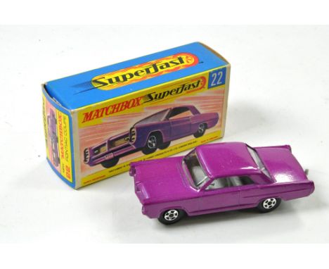 Matchbox Superfast No. 22A Pontiac GP Sports. Dark Purple body, grey interior, Clear Windows and black base. Appears in excel