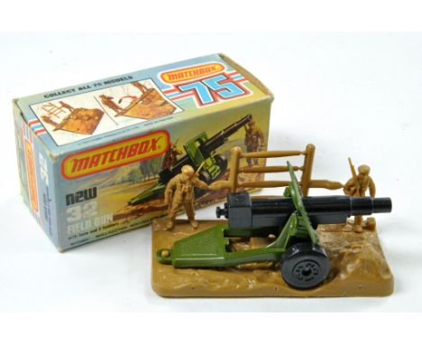 Matchbox Superfast No. 32C Field Gun. Military green body, light brown base, 2 soldiers and 4 shells on spue, black wide whee