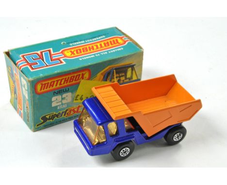 Matchbox Superfast No. 23F Atlas Truck. Metallic blue body, orange tipper, amber glass and chrome interior. Unpainted base. A