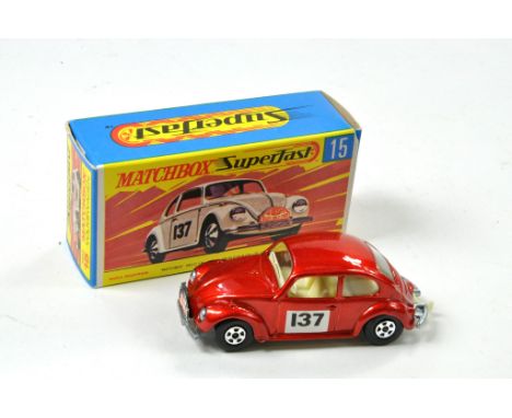 Matchbox Superfast No. 15A Volkswagen. Metallic Red with white interior. Clear Windows. Unpainted Base. Split Rear Bumper. Mo